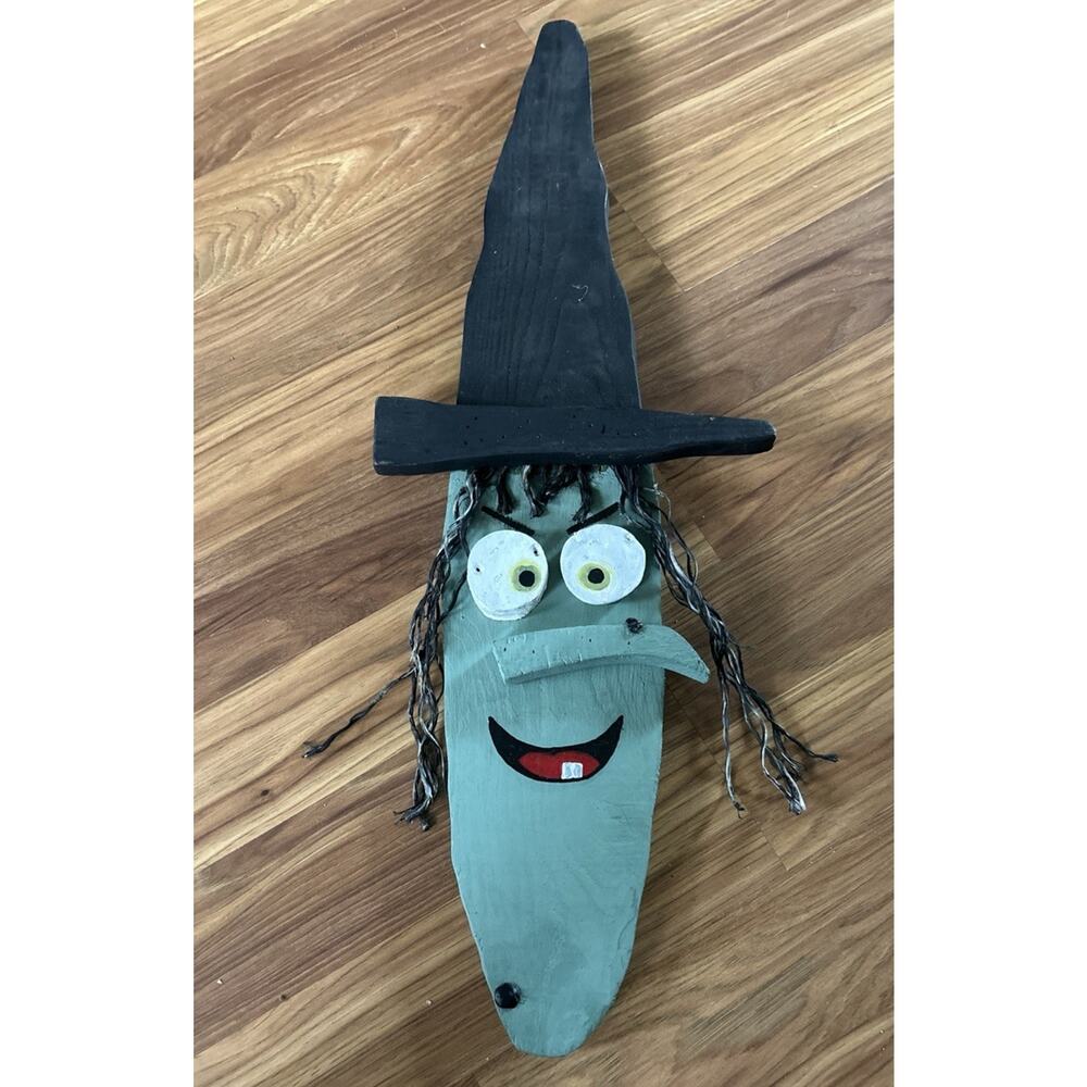 Folk Art Carved Wooden Witch Wall Face Painted Halloween Heavy Wood Decor Wicked